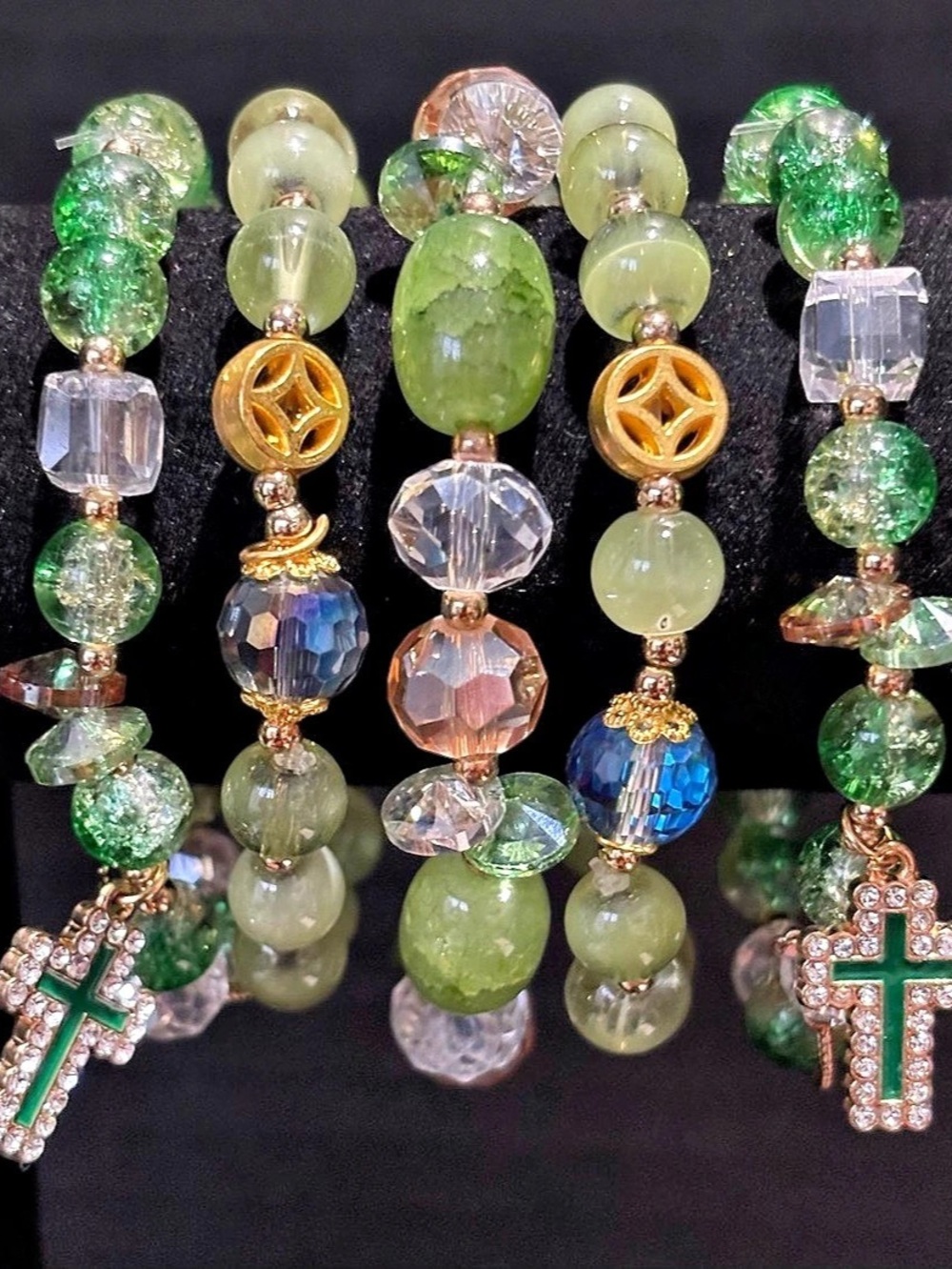 GORGEOUS GREEN CRACKED & OVAL GLASS BEADED BRACELETS W/CROSS & ACCENTS 5PC SET